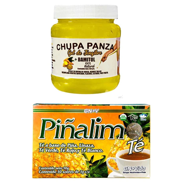 Pinalim Tea + Gel Chupa panza de jengibre y bamitol , Te de Pinalim- Pineapple, Flax, Green Tea, White Tea 30 Day Supply