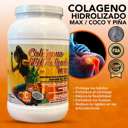 Colageno Hidrolizado MAX En Polvo Sabor Piña Coco 1.1 Kg - 35.27 Oz Elasticidad Reduce Inflamacion Fortalece Musculos