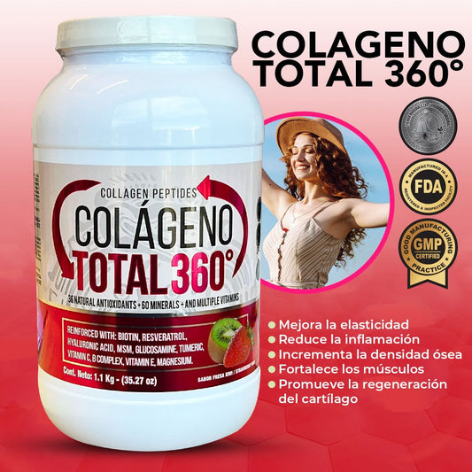 Colageno TOTAL 360 En Polvo Sabor Fresa Kiwi 1.1 Kg - 35.27 Oz Elasticidad Reduce Inflamacion Fortalece Musculos