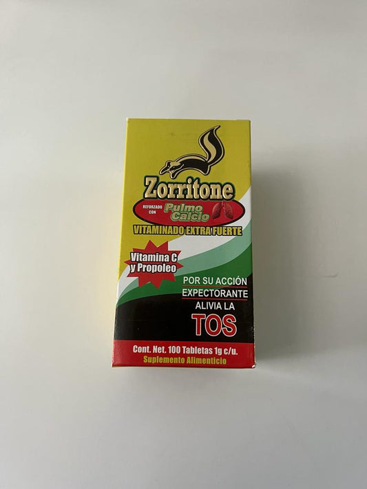 Suplemento Alimenticio Zorritone Pulmo Calcio Vitaminado Extra Fuerte Vitamin C y Propoleo Alivia La Tos 100 Tabletas